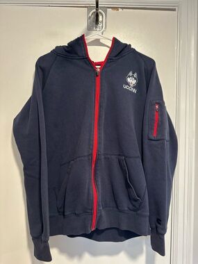 UCONN navy blue Red Accents full zip hoodie Sz:M husky embroidered Spellout logo
